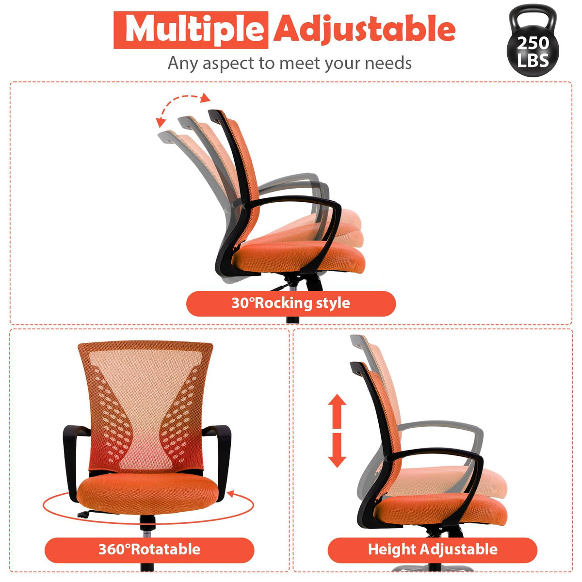 Orange Adjustable Mesh Ergonomic Office Chair with Lumbar Support K6961