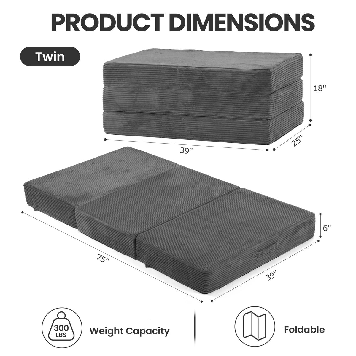 6 inch Tri Fold Twin Size Memory Foam Mattress N4462