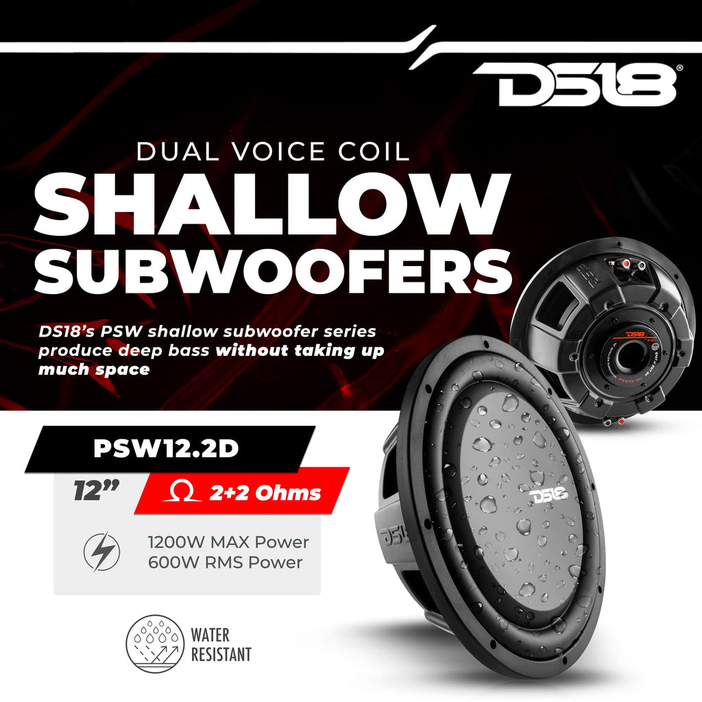 12" Shallow Mount Subwoofer 1200 Watts Max Power Dual Voice Coil 2+2 OHMS Water Resistant Y233