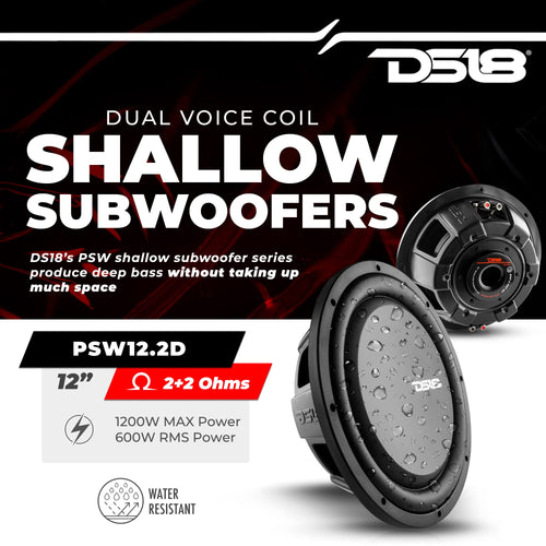 12" Shallow Mount Subwoofer 1200 Watts Max Power Dual Voice Coil 2+2 OHMS Water Resistant Y233