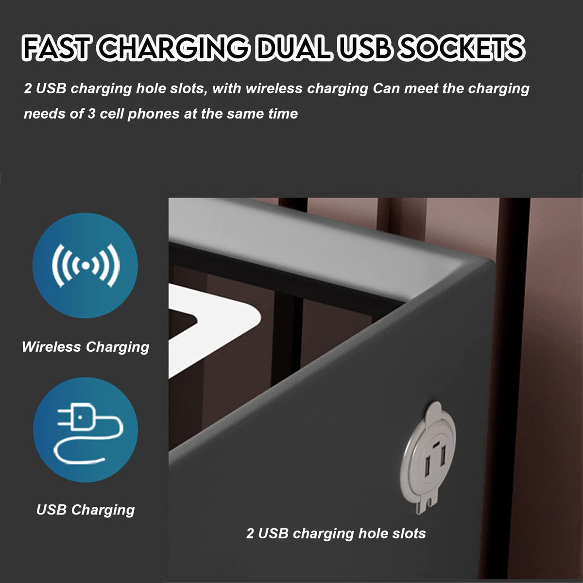 Gray Nightstands with Wireless Charging Station and USB Charging I2189