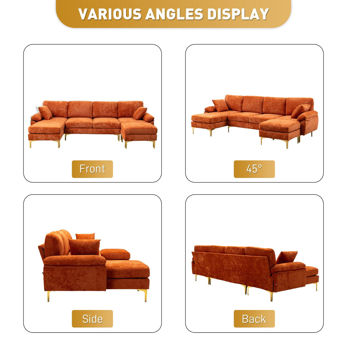 114" U-Shaped Velvet Sectional Couch with Ottoman L198