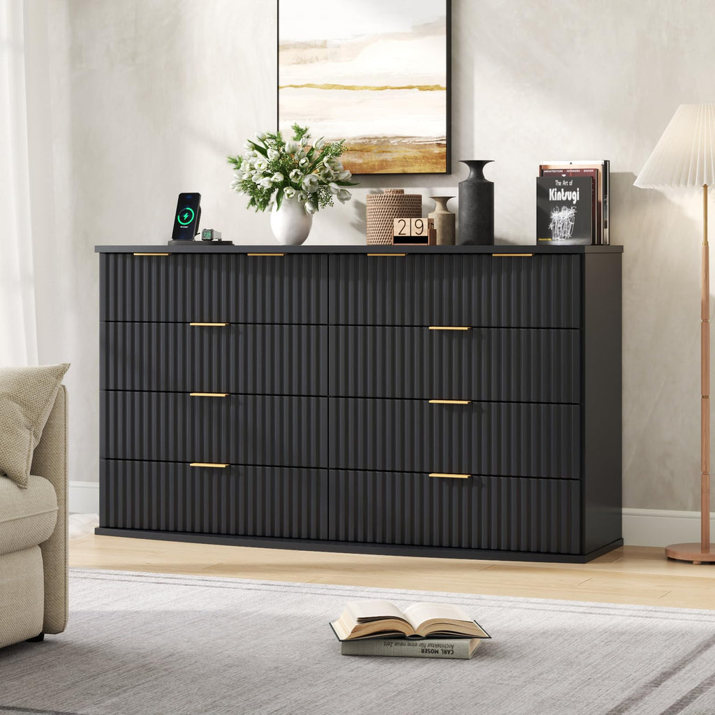 Black 8 Drawer Fluted Wood Dresser with Power Outlet C174