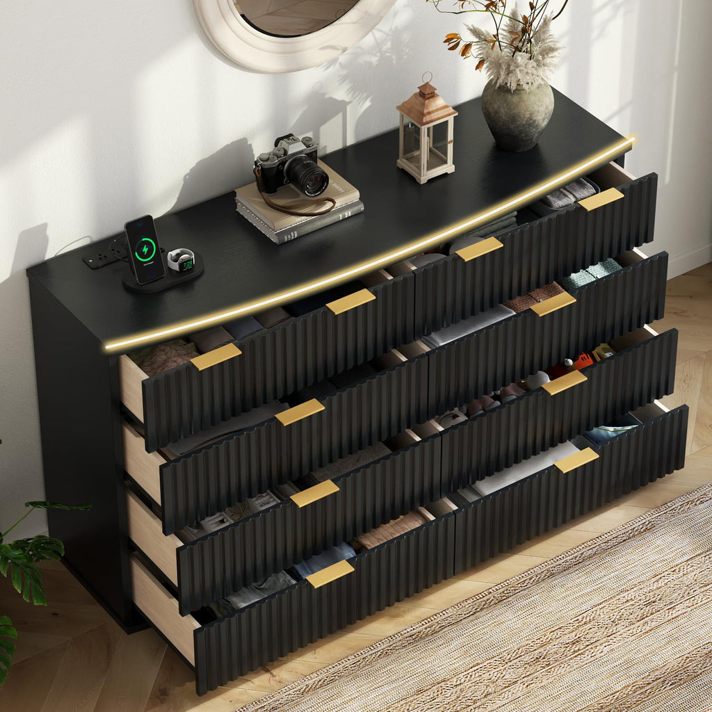 Black 8 Drawer Fluted Wood Dresser with Power Outlet C174