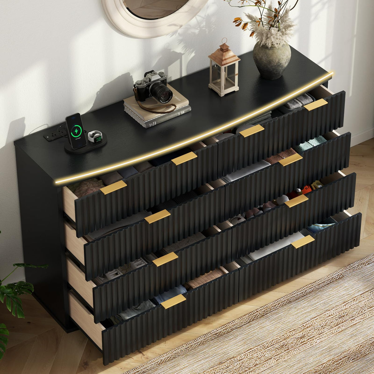 Black 8 Drawer Fluted Wood Dresser with Power Outlet C174