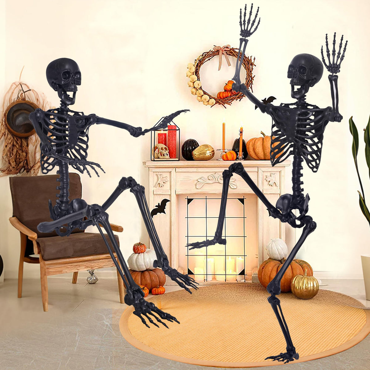 5.4Ft Posable Skeleton with Movable Joints and 2PC Black Feathered Crows A170525