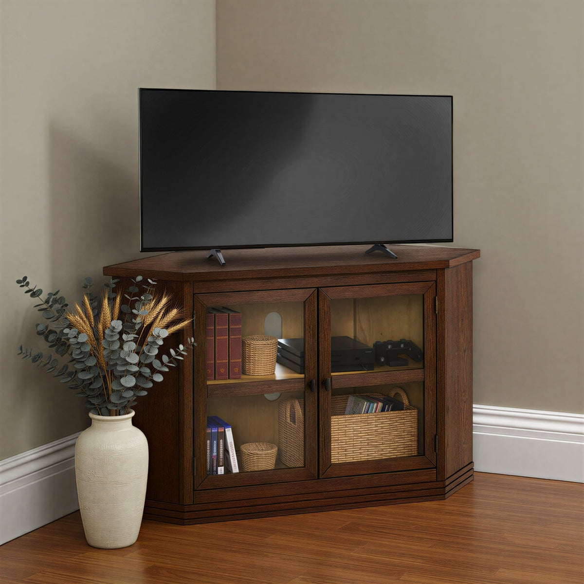 Cocoa Brown Wood and Glass Corner TV Stand N8355