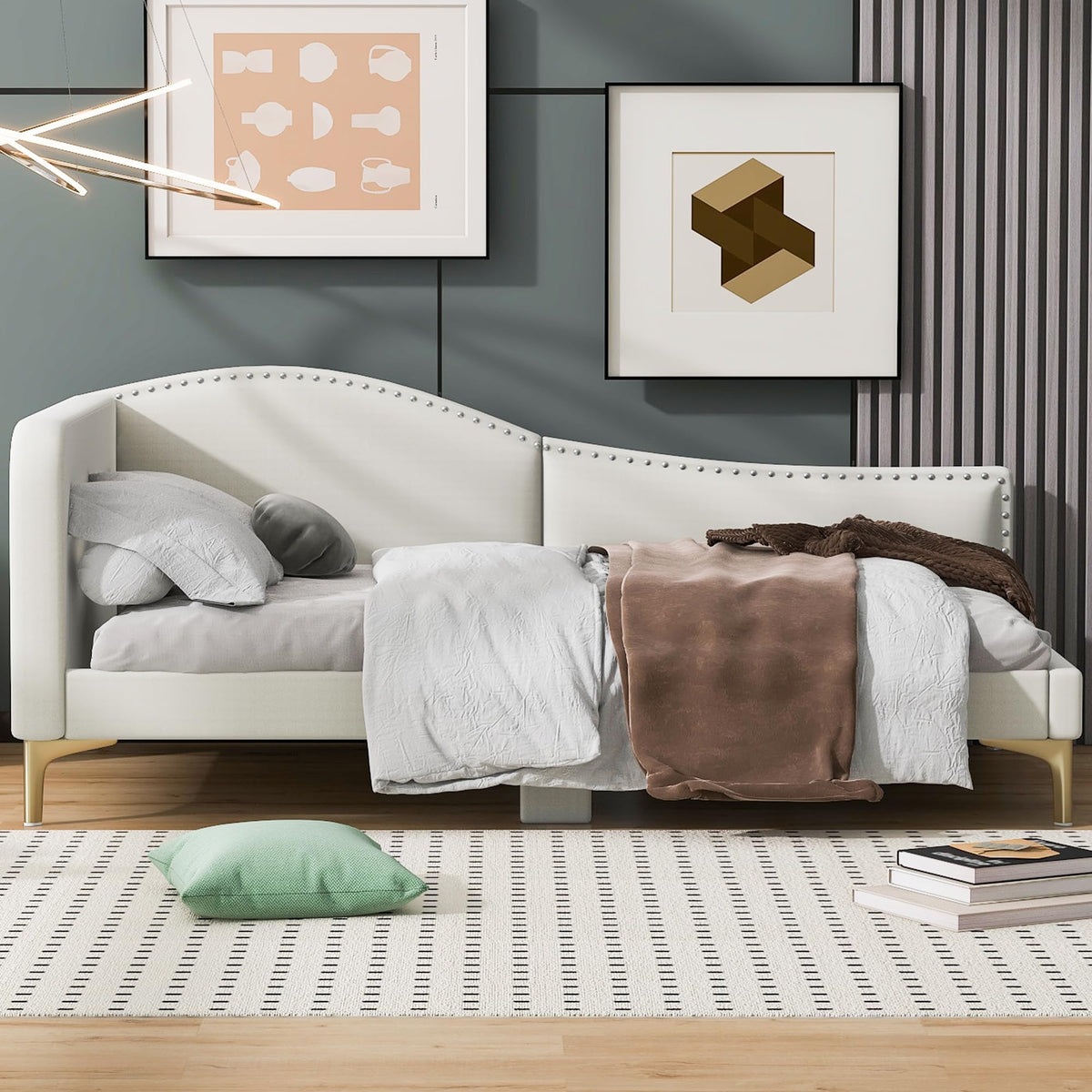 Twin Size Beige Linen Upholstered Daybed with Headboard Z529
