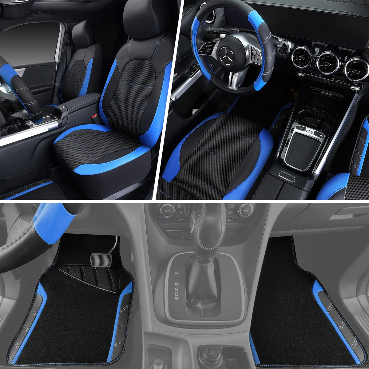 Air Mesh Leather Car Seat Covers Full Set, Waterproof Car Floor Mats, Steering Wheel Cover V7188