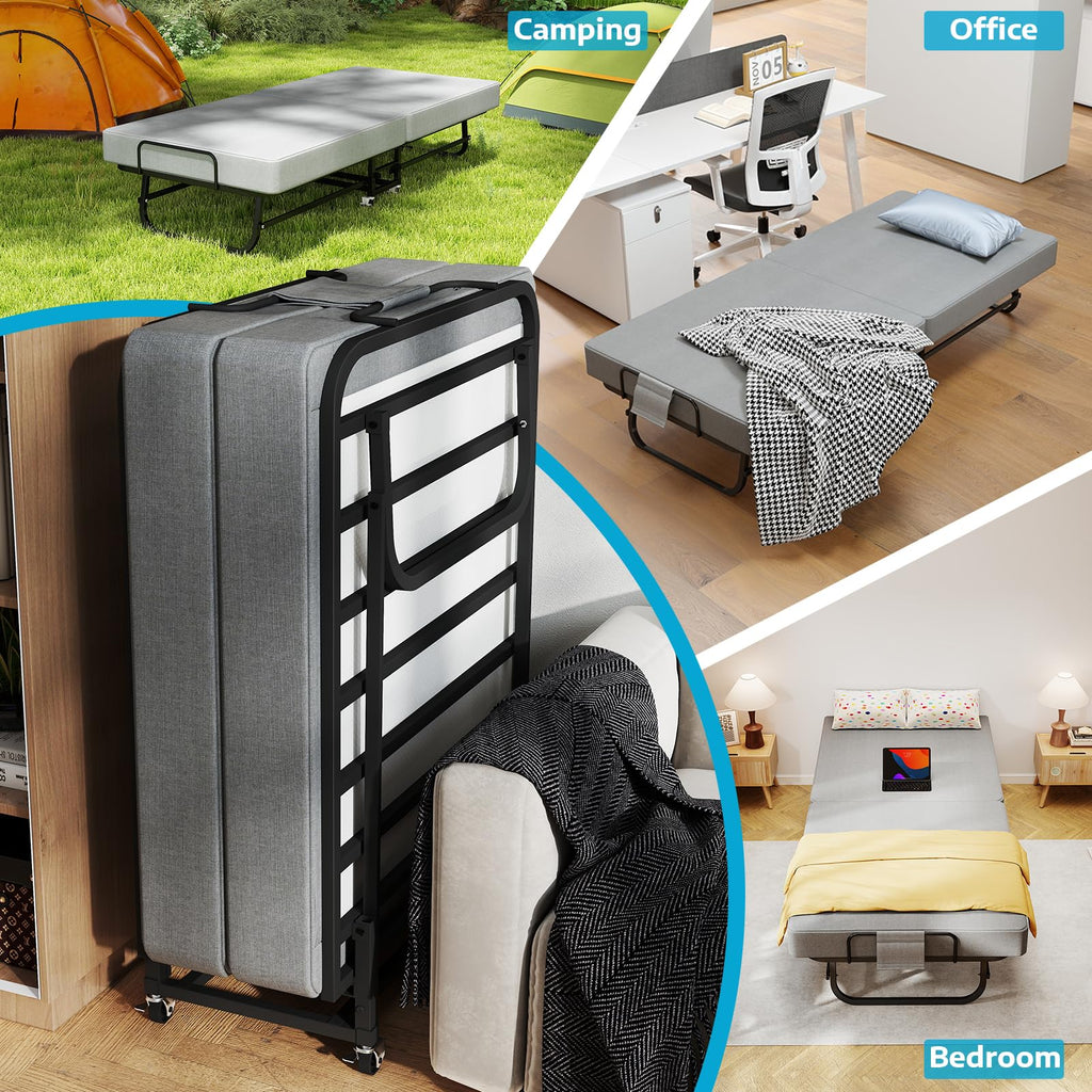 Folding Bed with Mattress on Wheels H158547