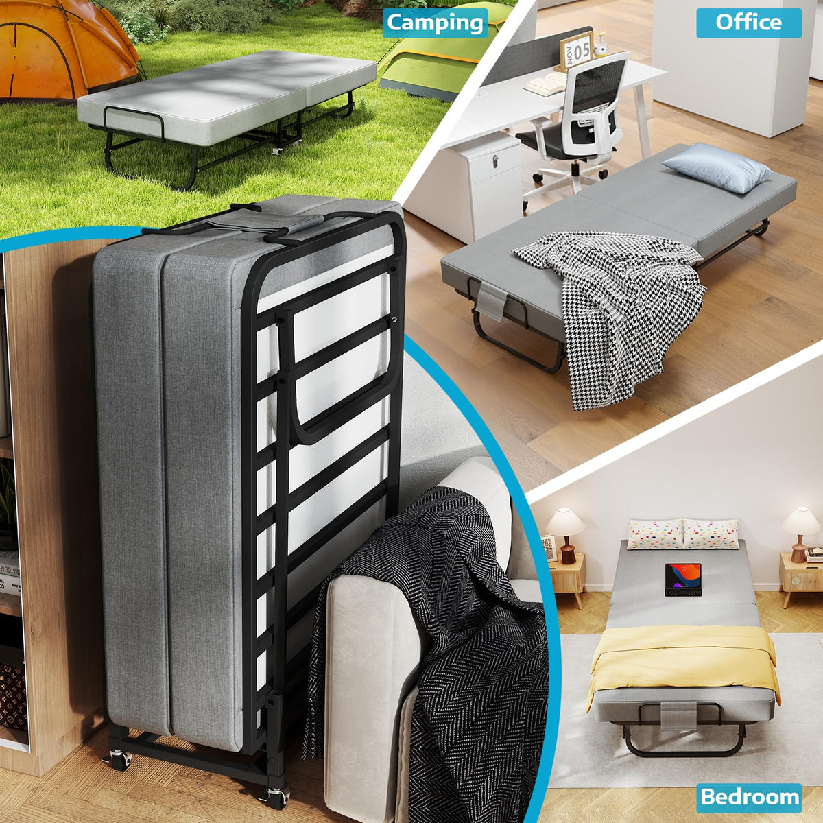 Folding Bed with Mattress on Wheels H158547