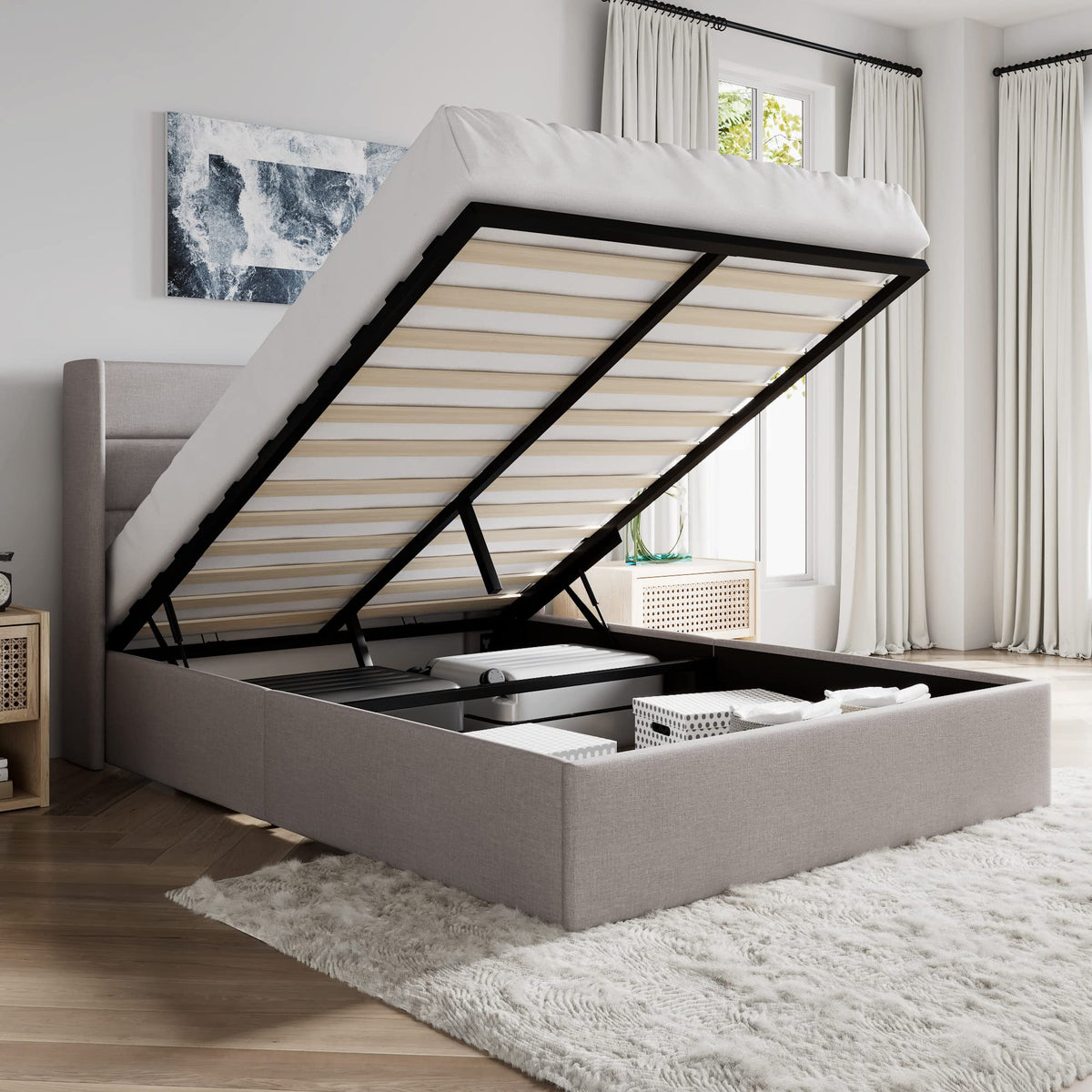 Queen Size Lift Up Hydraulic Storage Bed Frame Light Beige G697