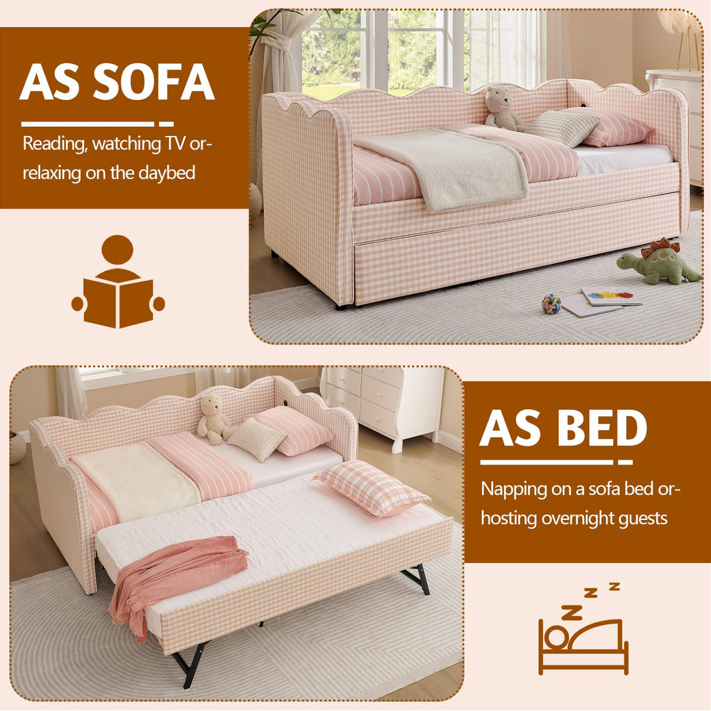 Pink Twin Size Gingham Daybed with Trundle S977689