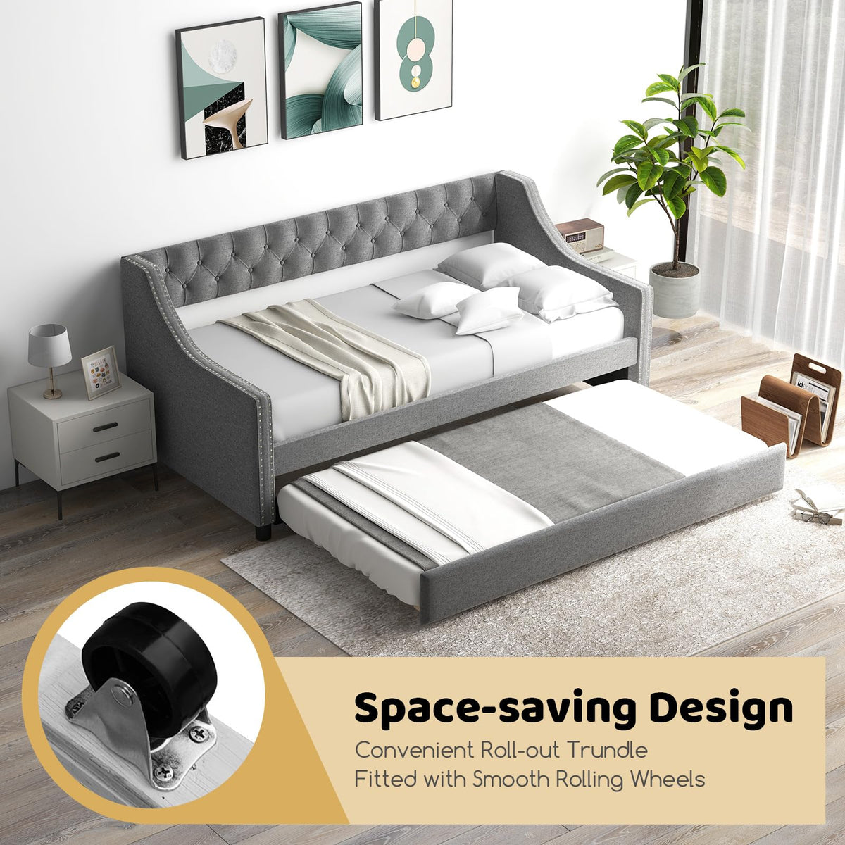 Grey Upholstered Twin Daybed with Trundle C22713