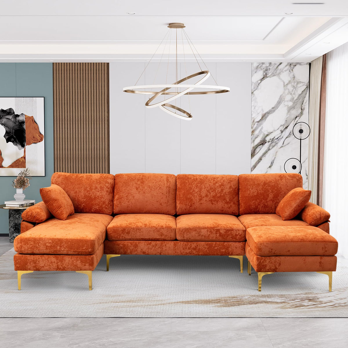 114" U-Shaped Velvet Sectional Couch with Ottoman L198
