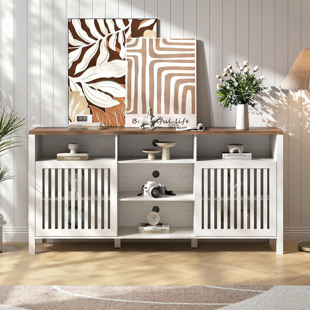 White TV Stand with Grille Doors and Adjustable Shelves N426819
