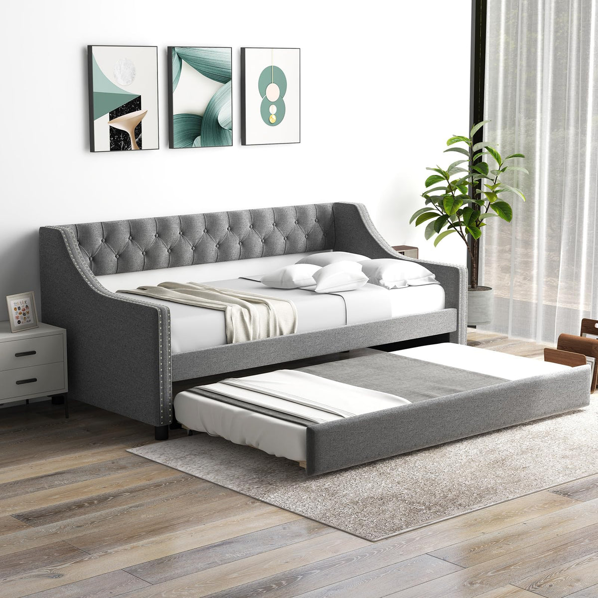 Grey Upholstered Twin Daybed with Trundle C22713
