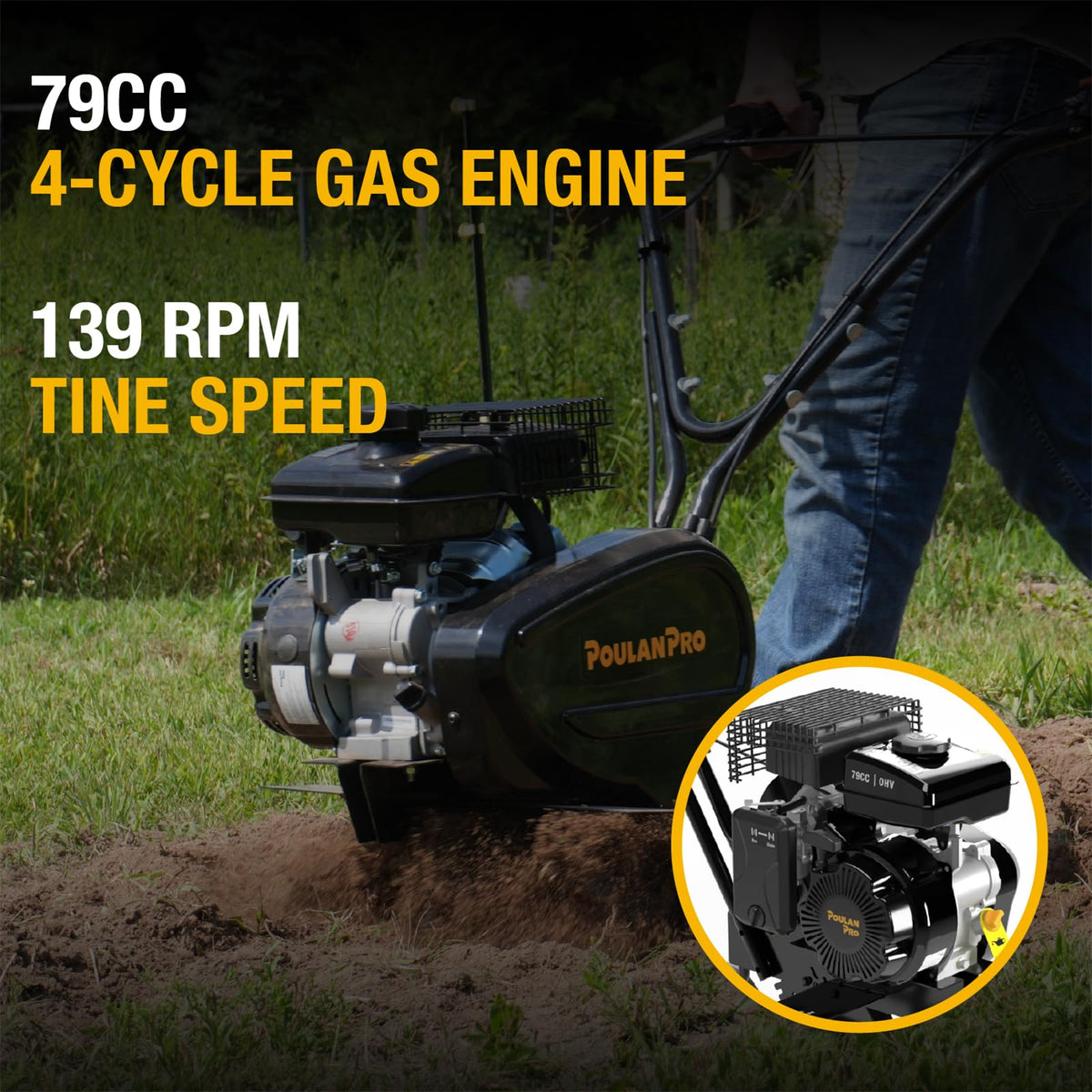 2 in 1 Gas Tiller Cultivator with 79 cc Engine and Adjustable Tilling Width I4927