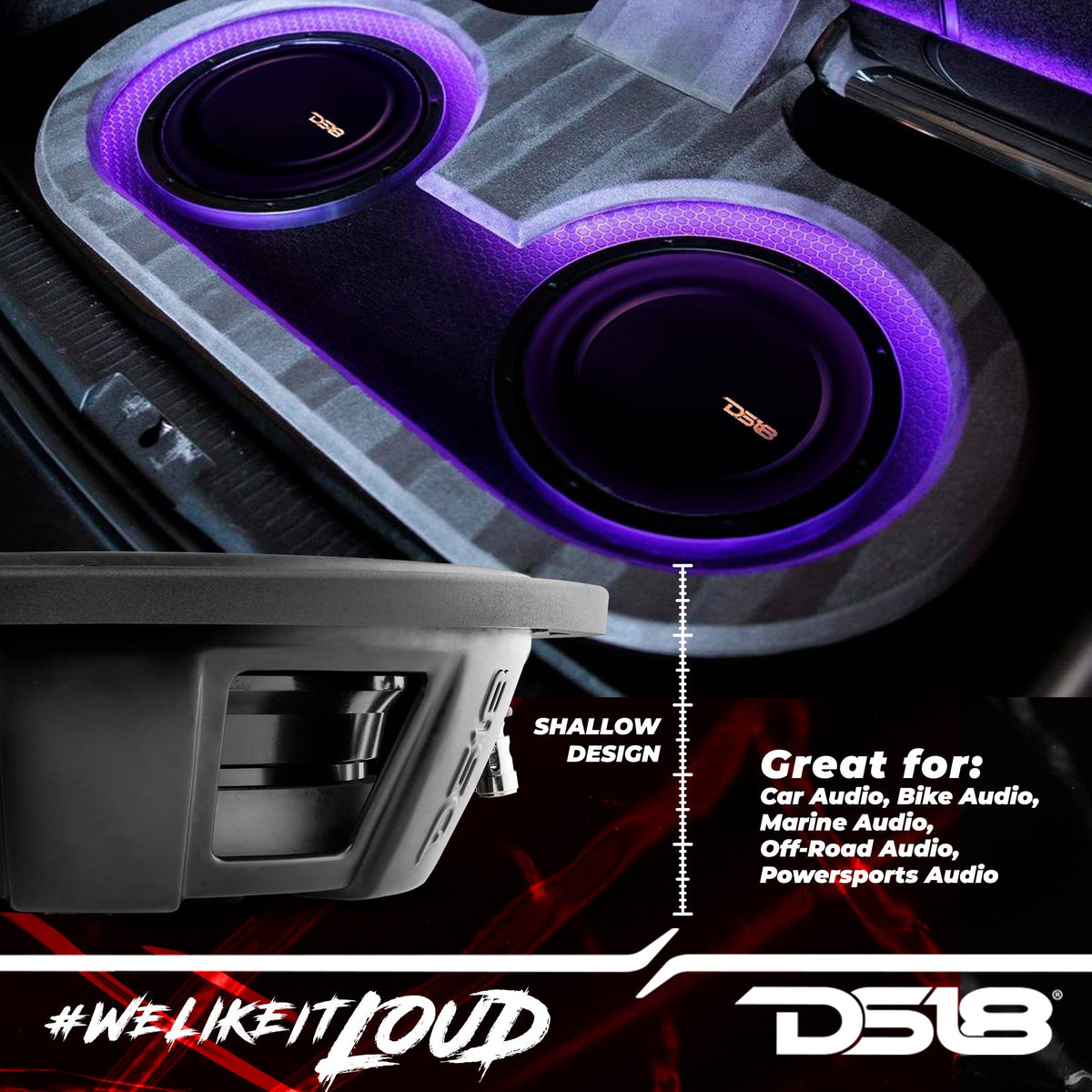 12" Shallow Mount Subwoofer 1200 Watts Max Power Dual Voice Coil 2+2 OHMS Water Resistant Y233