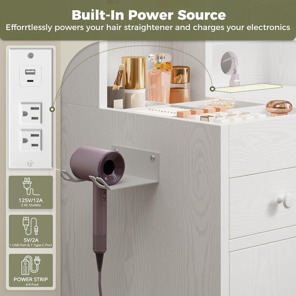 White Vanity Desk with Mirror & Power Outlet A674171