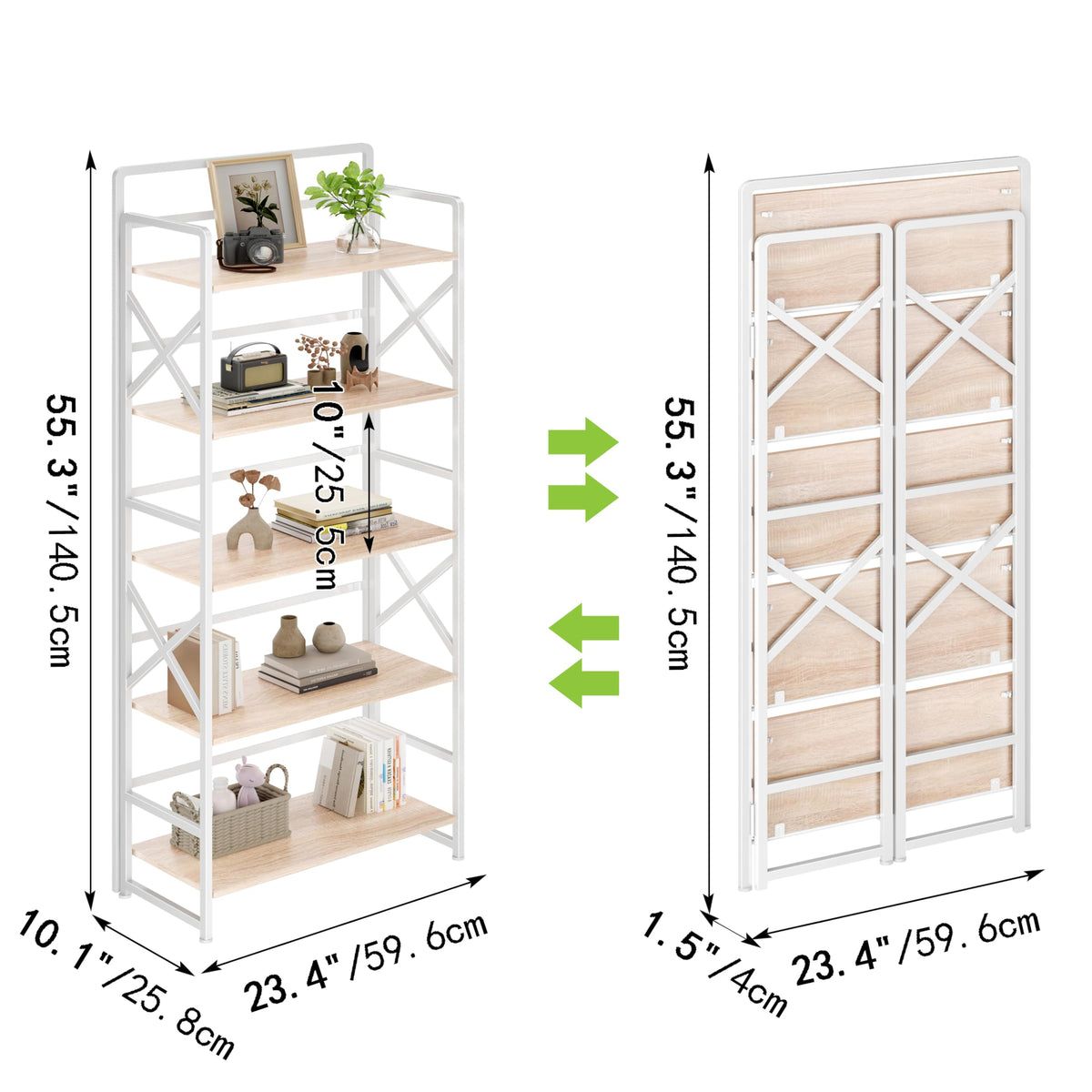 Folding Bookshelf 5 Tiers No Assembly Beige A39174