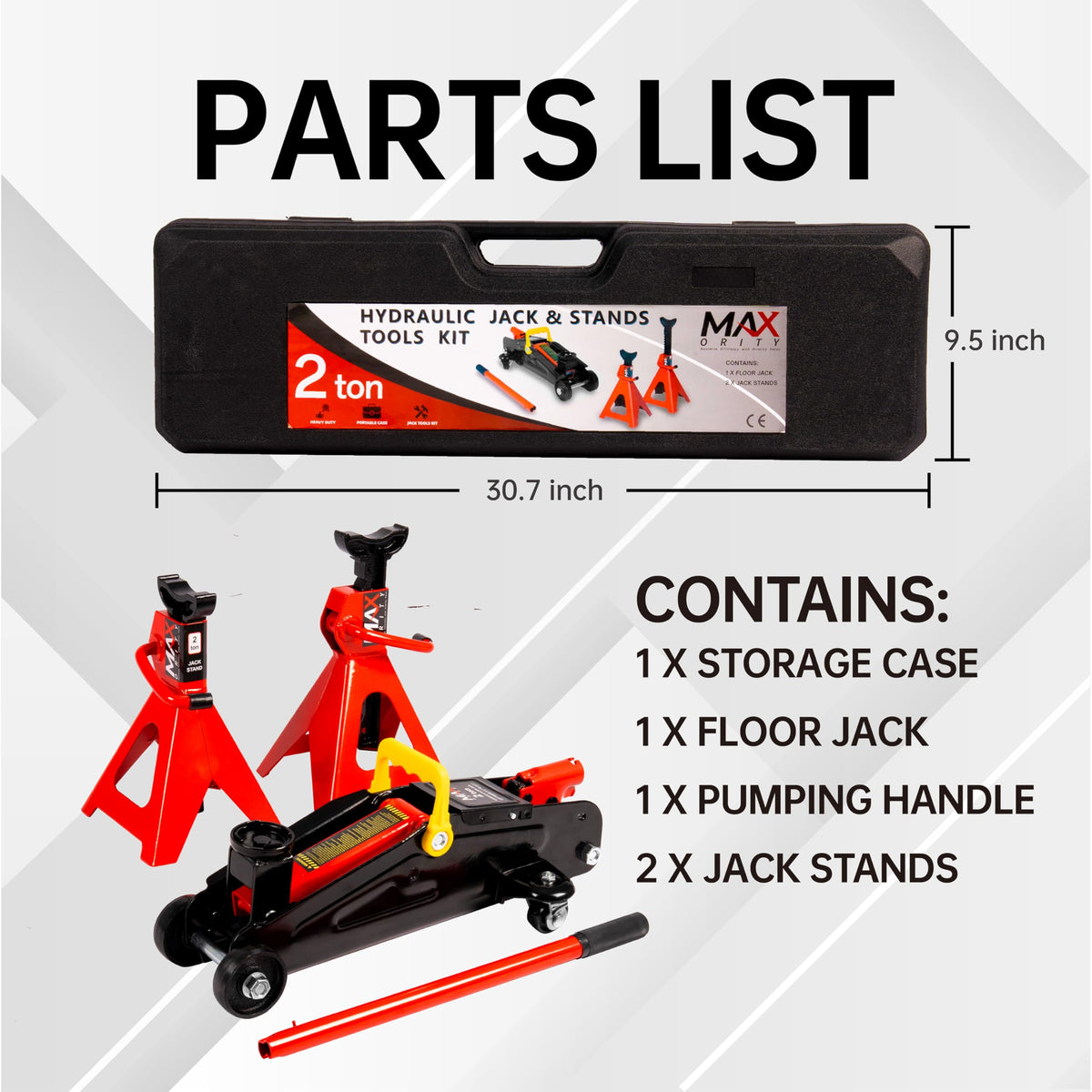 2-Ton Hydraulic Low Profile Trolley Floor Jack with Case and 1 Pair 2 Ton Jack Stands U71357