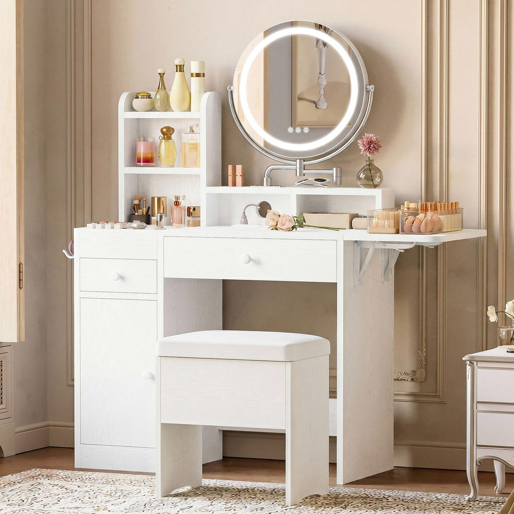 White Vanity Desk with Mirror & Power Outlet A674171