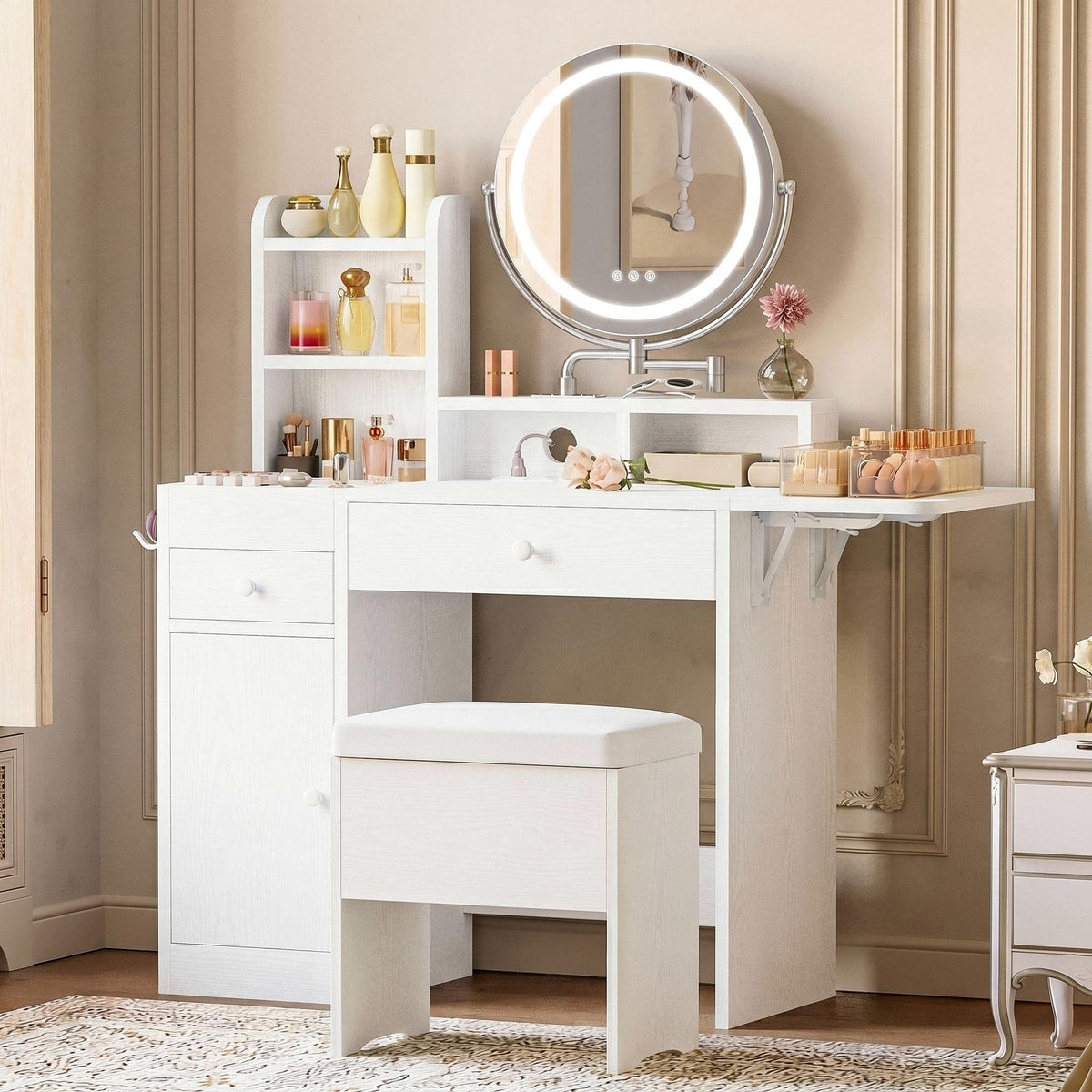 White Vanity Desk with Mirror & Power Outlet A674171
