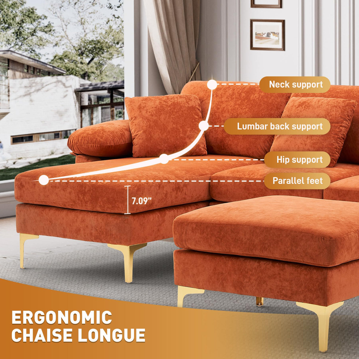 114" U-Shaped Velvet Sectional Couch with Ottoman L198