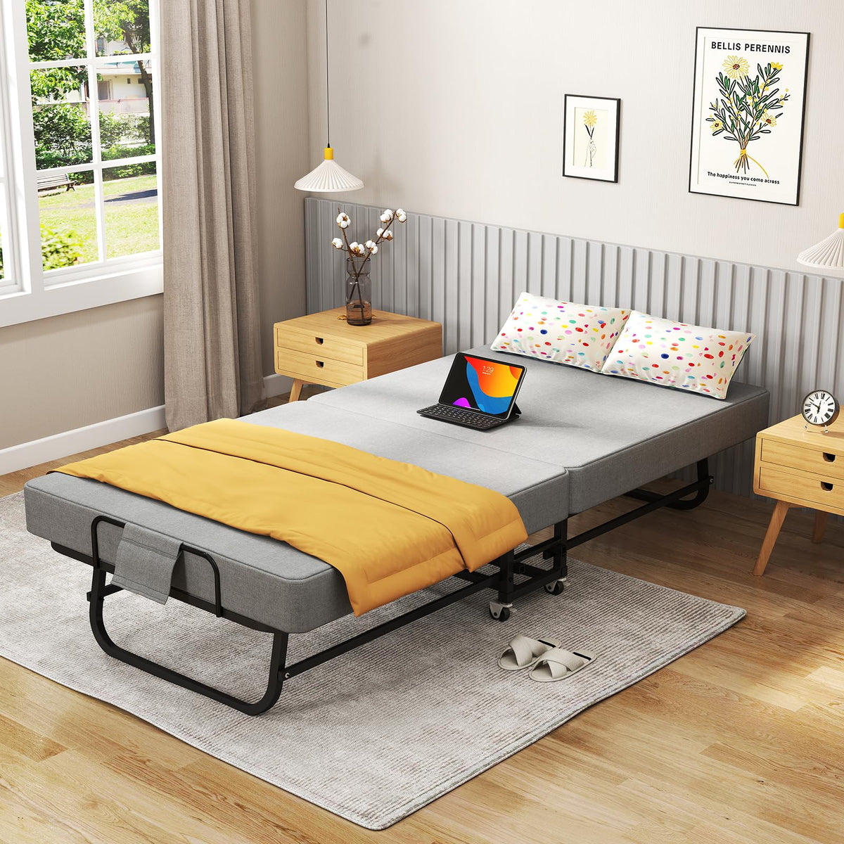 Folding Bed with Mattress on Wheels H158547