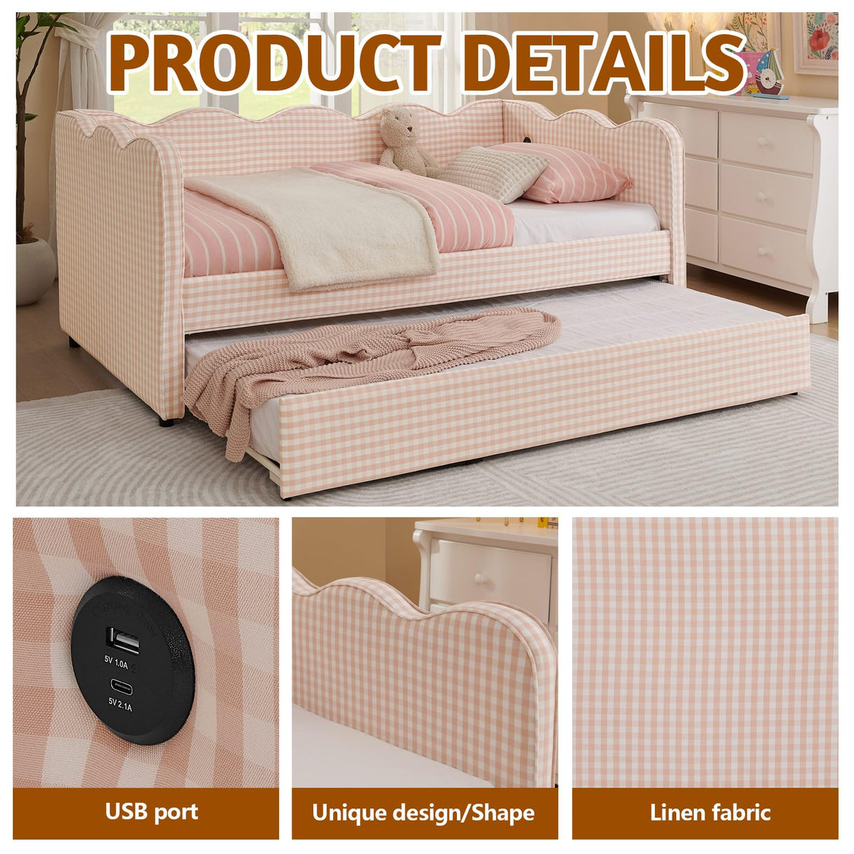 Pink Twin Size Gingham Daybed with Trundle S977689