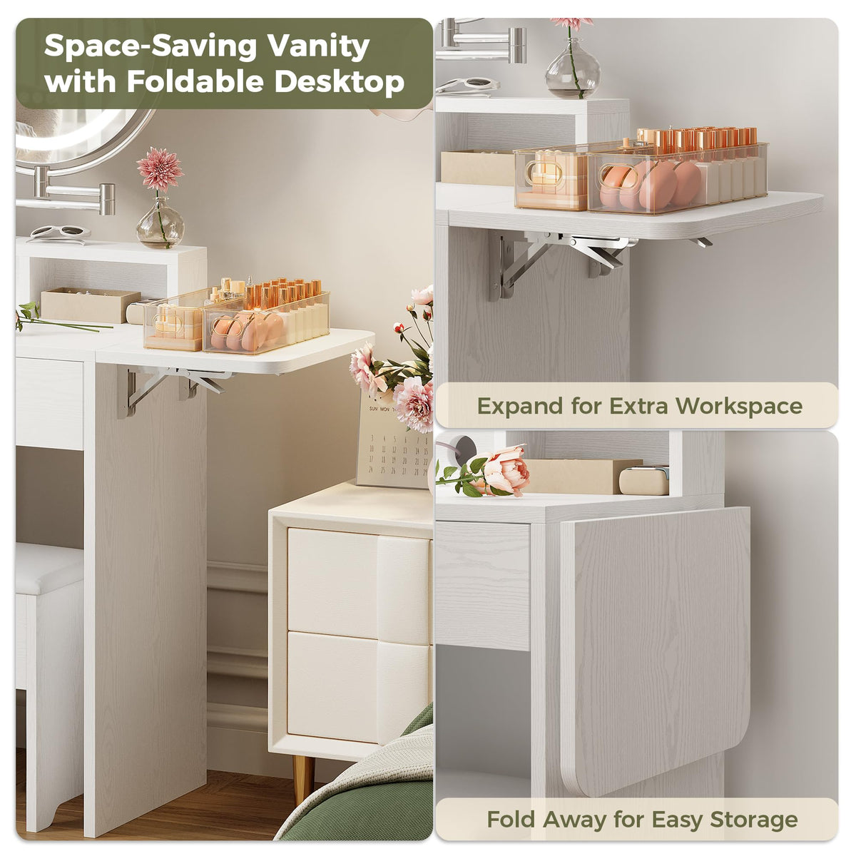 White Vanity Desk with Mirror & Power Outlet A674171