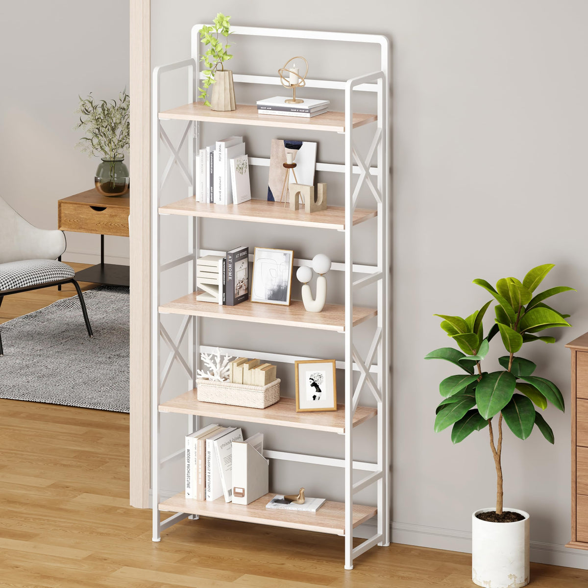 Folding Bookshelf 5 Tiers No Assembly Beige A39174