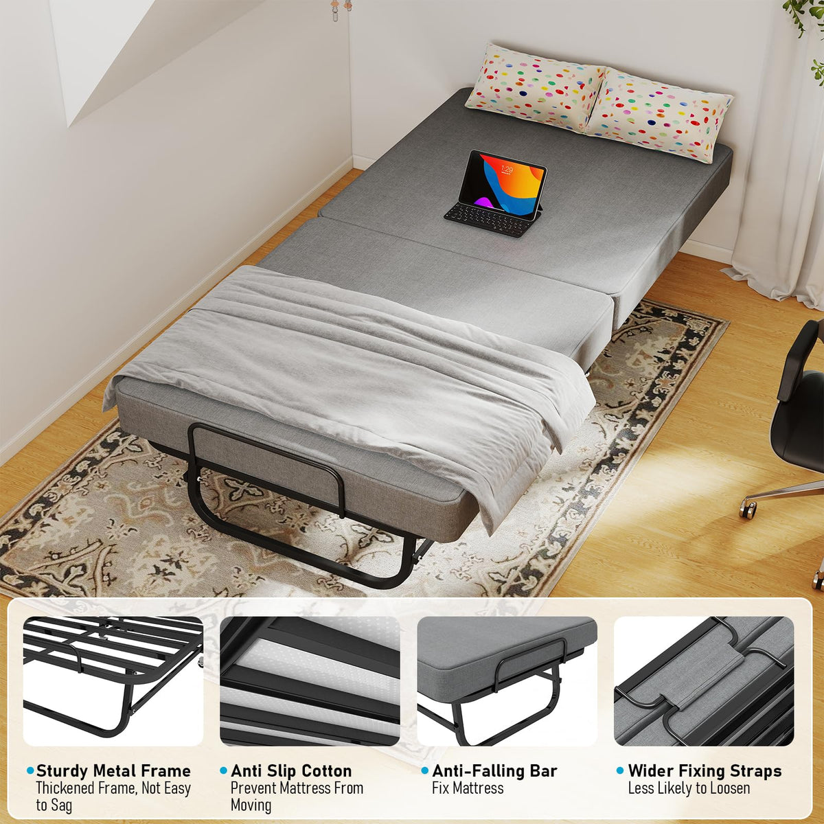 Folding Bed with Mattress on Wheels H158547