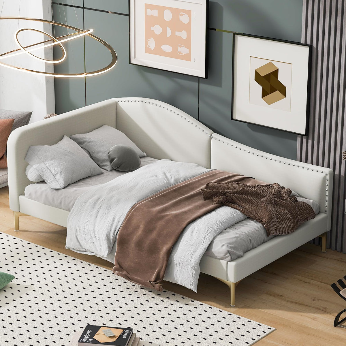 Twin Size Beige Linen Upholstered Daybed with Headboard Z529