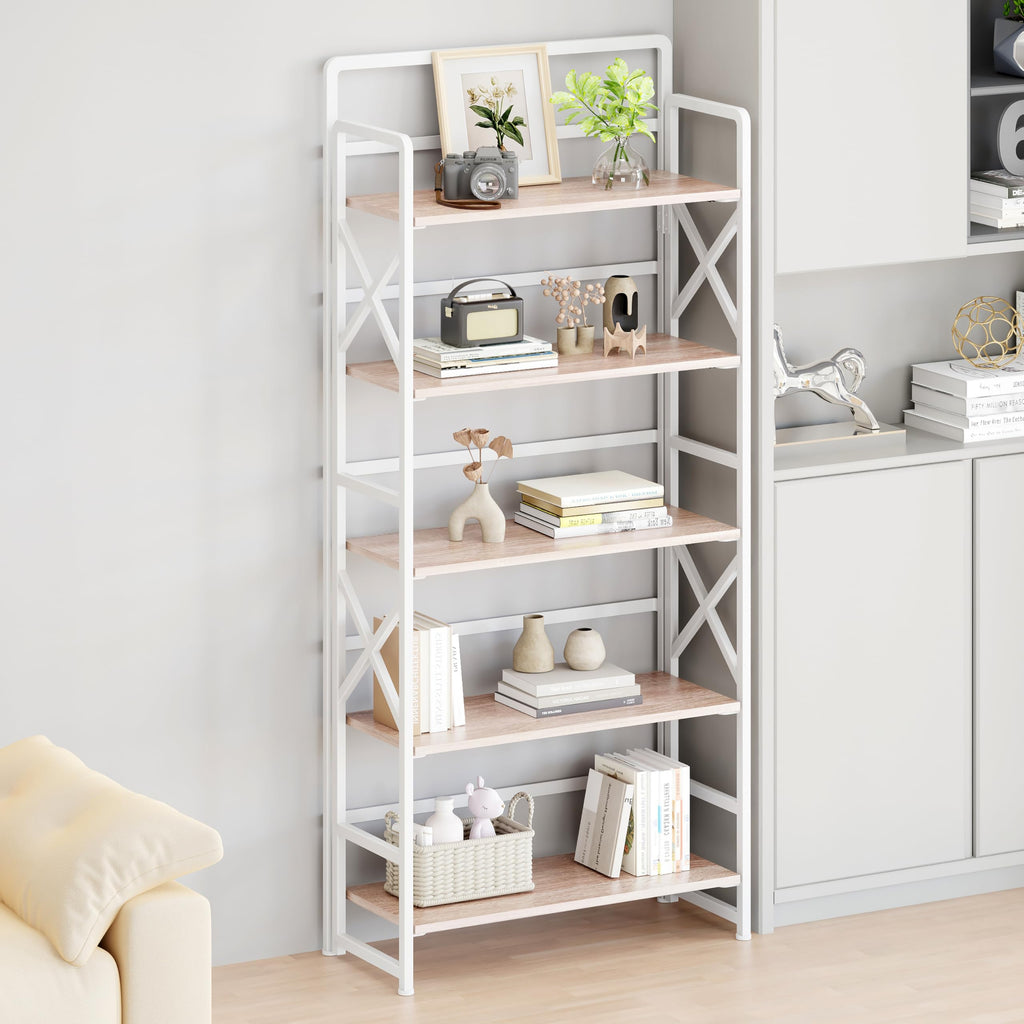 Folding Bookshelf 5 Tiers No Assembly Beige A39174