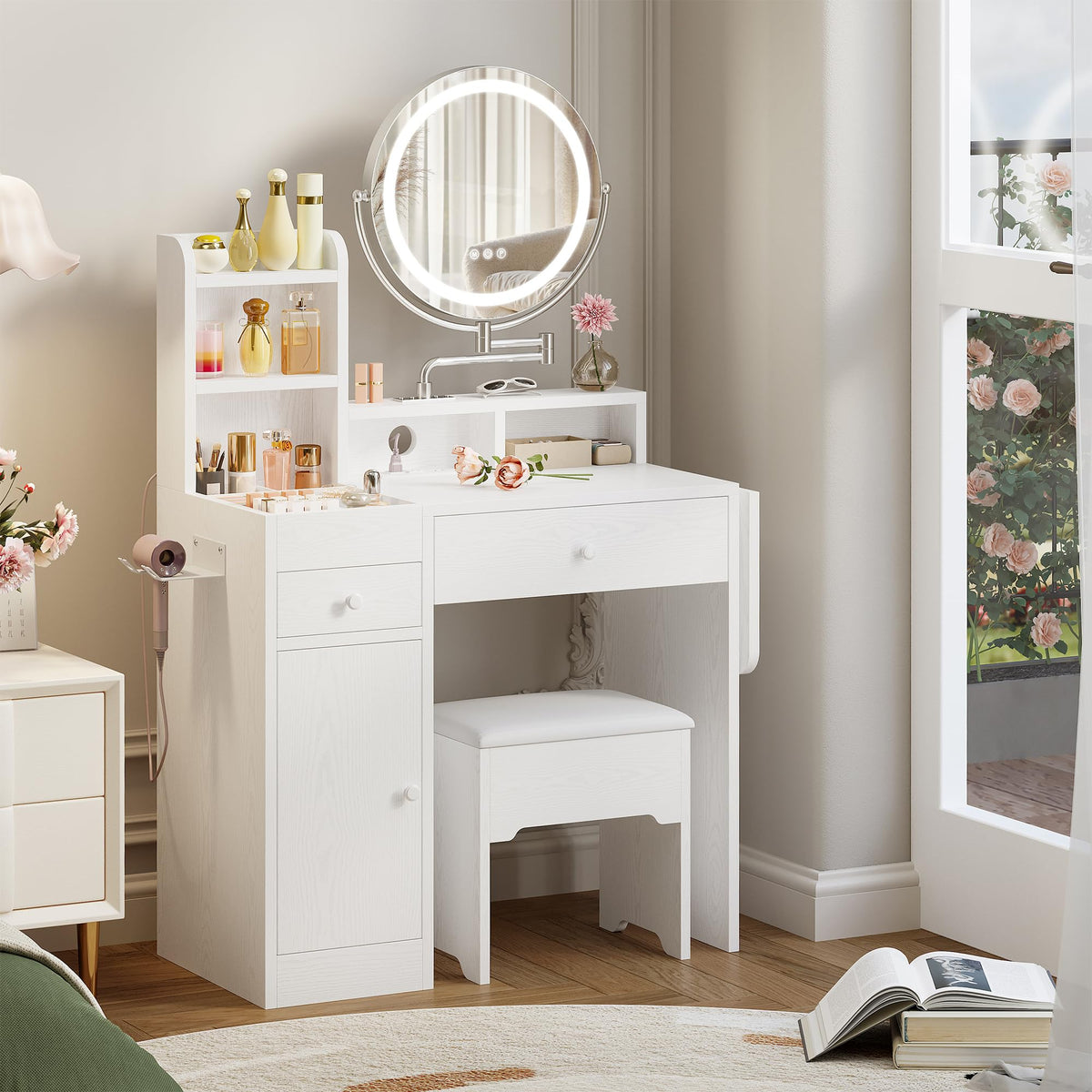 White Vanity Desk with Mirror & Power Outlet A674171