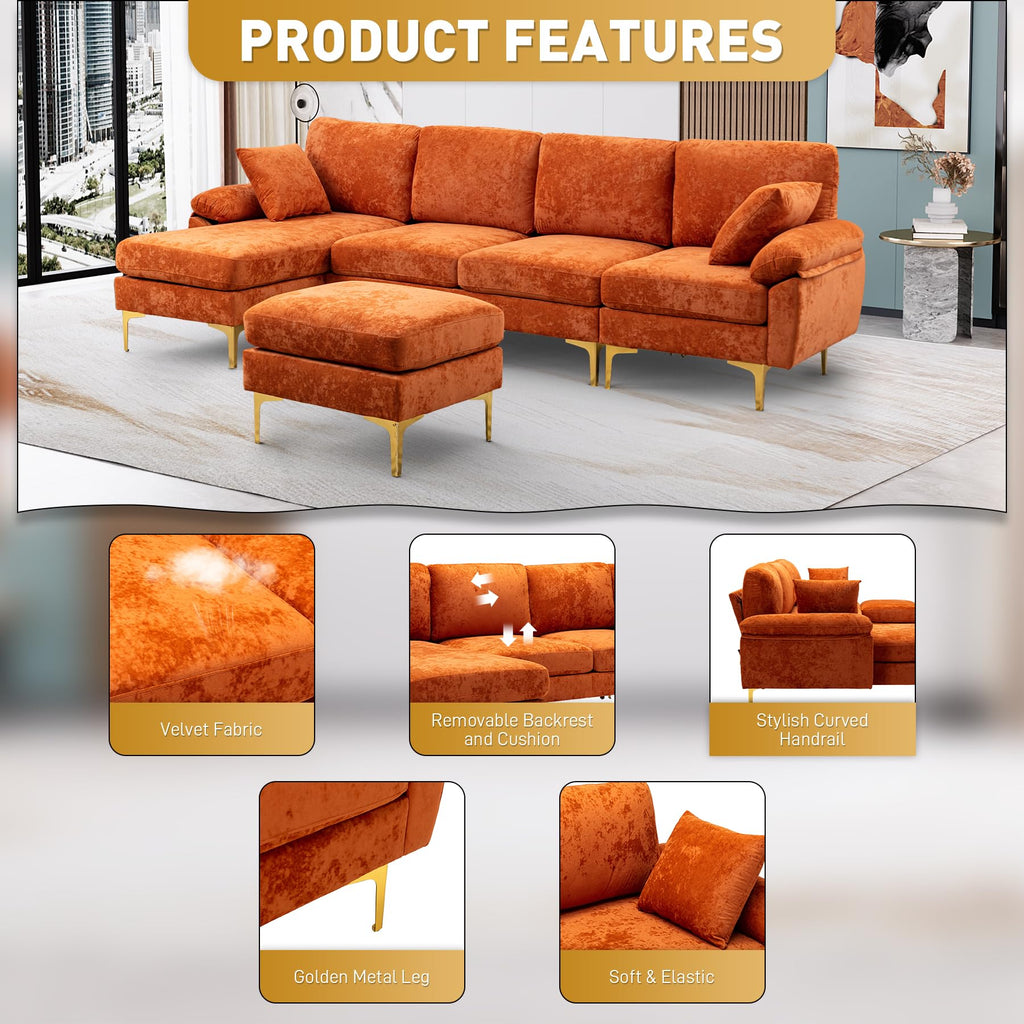 114" U-Shaped Velvet Sectional Couch with Ottoman L198