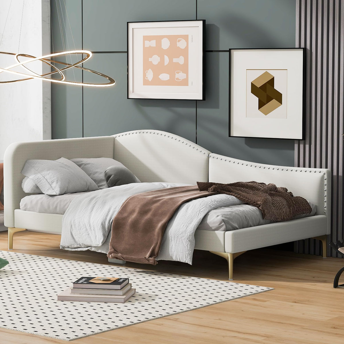 Twin Size Beige Linen Upholstered Daybed with Headboard Z529