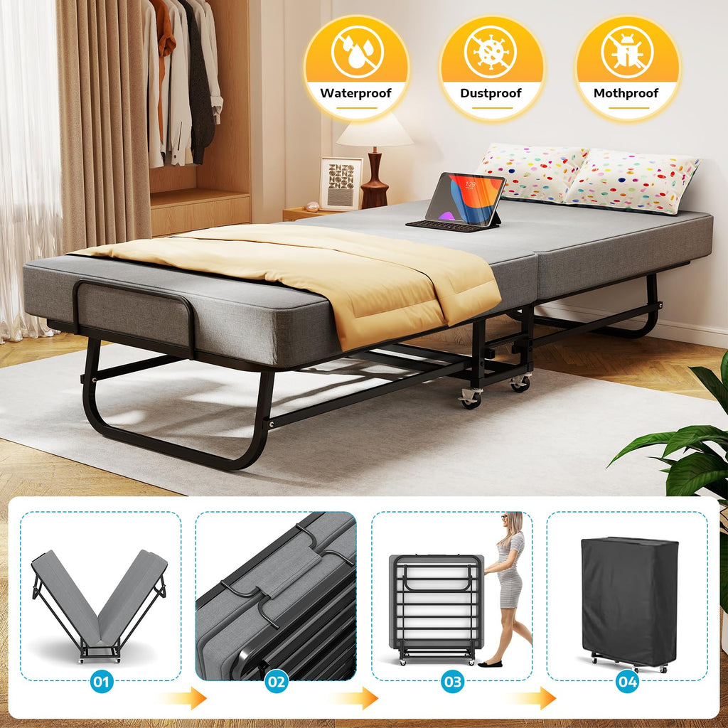Folding Bed with Mattress on Wheels H158547