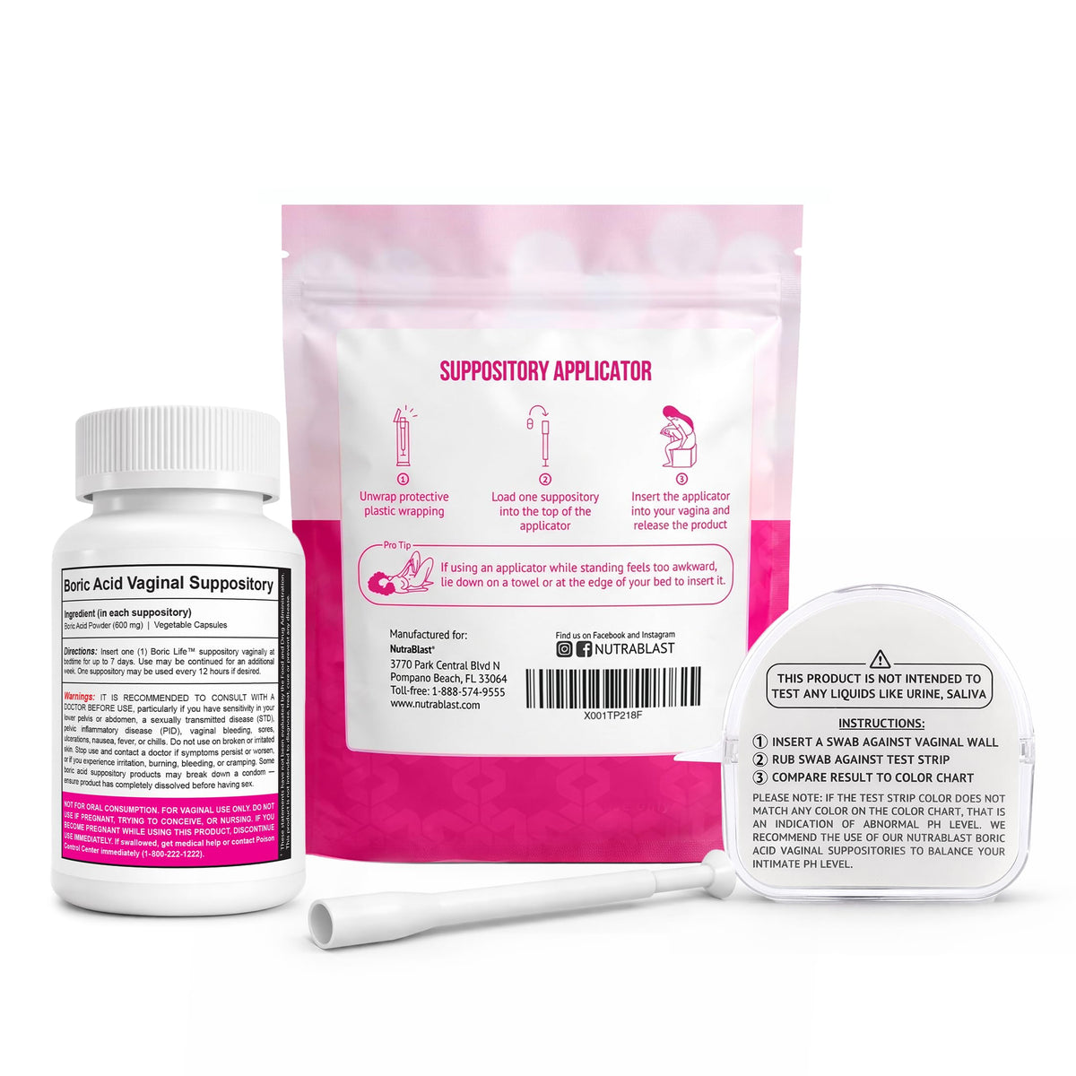 Boric Acid Suppositories 600mg 30 Count with Applicators and pH Test Strips X538840