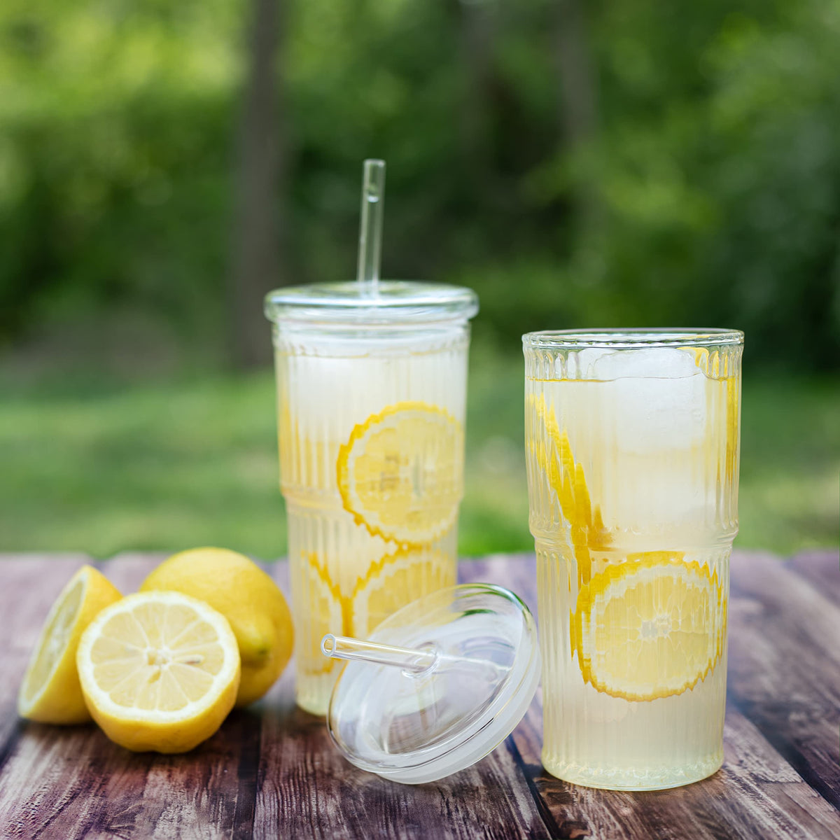 Glass Iced Coffee Cup with Lid and Straw, Set of 2 D66842