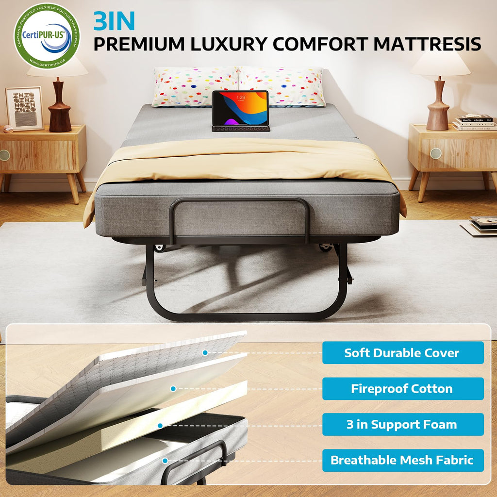 Folding Bed with Mattress on Wheels H158547