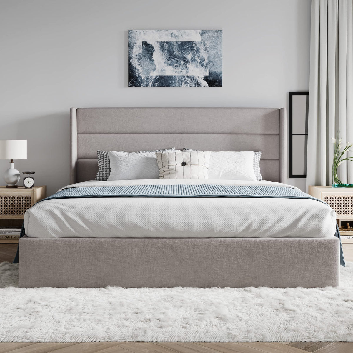 Queen Size Lift Up Hydraulic Storage Bed Frame Light Beige G697