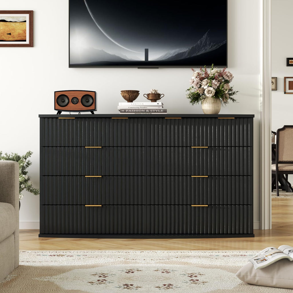 Black 8 Drawer Fluted Wood Dresser with Power Outlet C174