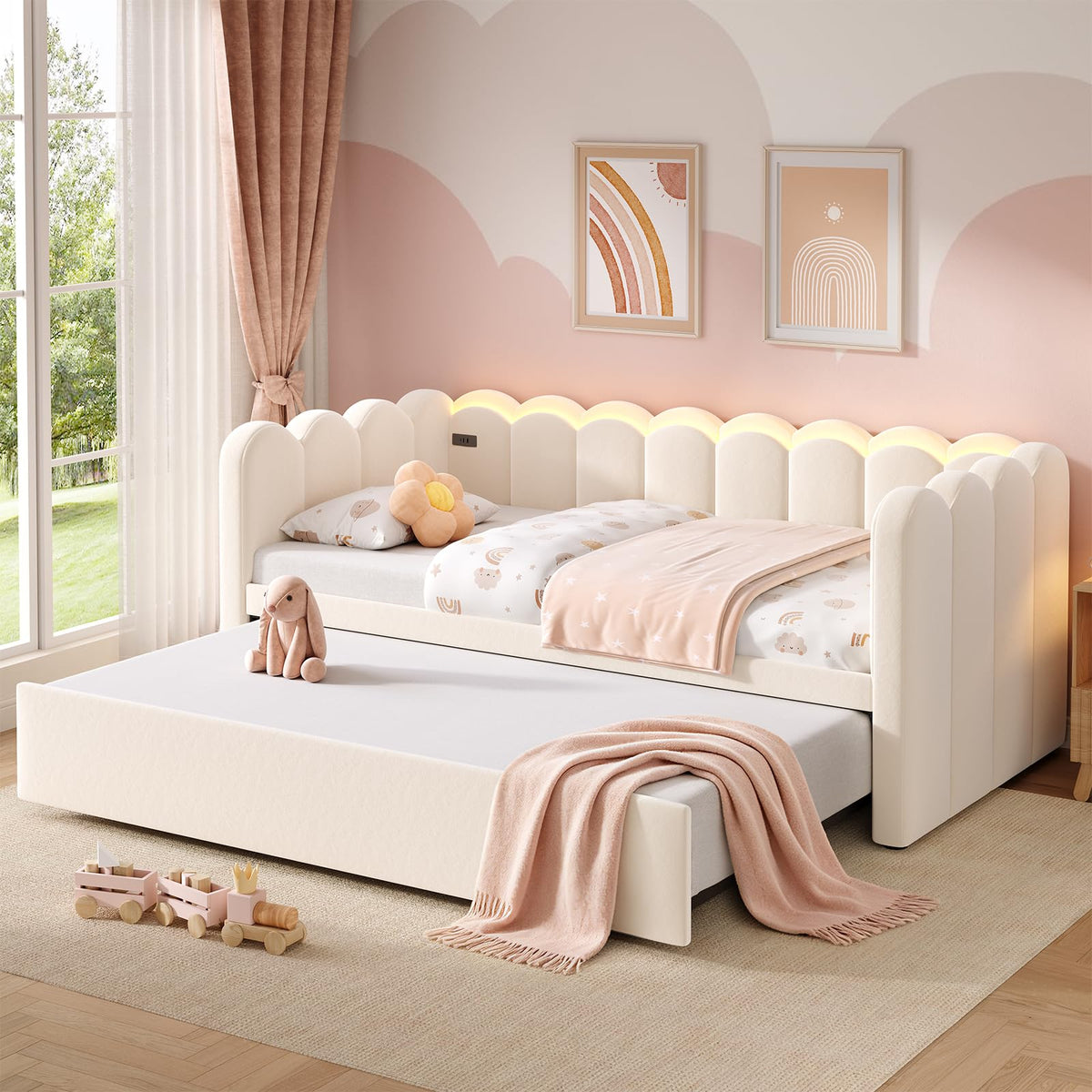 Beige Twin Velvet Upholstered Daybed with Pop Up Trundle Q37922