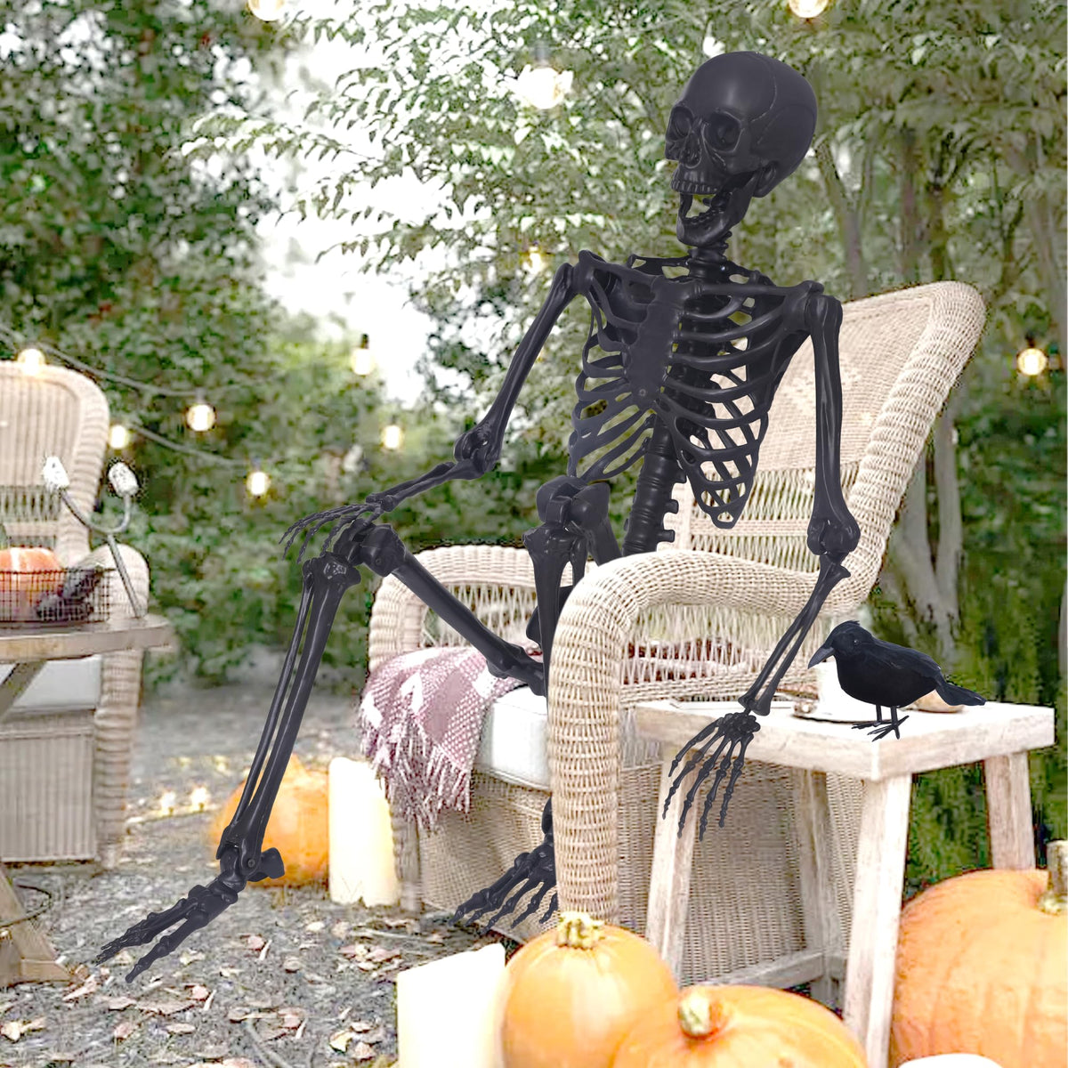 5.4Ft Posable Skeleton with Movable Joints and 2PC Black Feathered Crows A170525