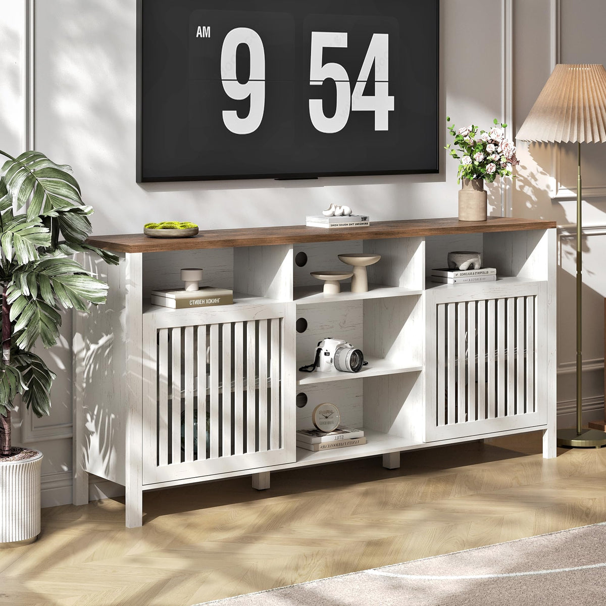 White TV Stand with Grille Doors and Adjustable Shelves N426819