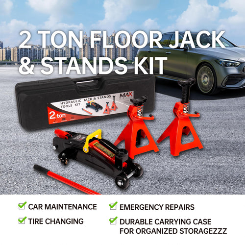 2-Ton Hydraulic Low Profile Trolley Floor Jack with Case and 1 Pair 2 Ton Jack Stands U71357