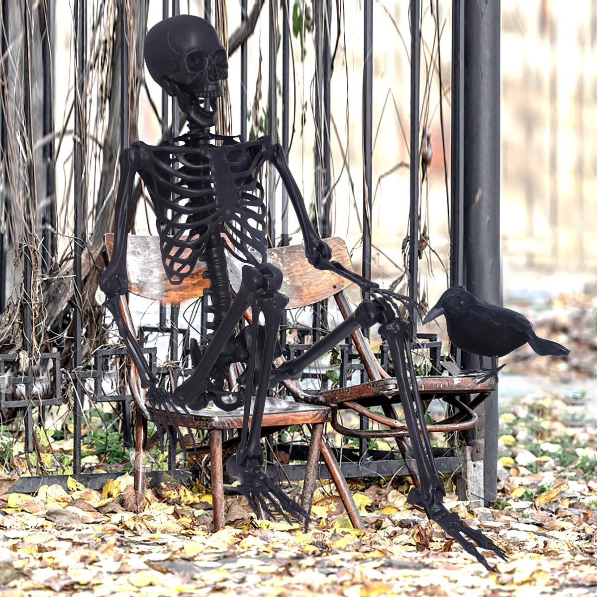 5.4Ft Posable Skeleton with Movable Joints and 2PC Black Feathered Crows A170525